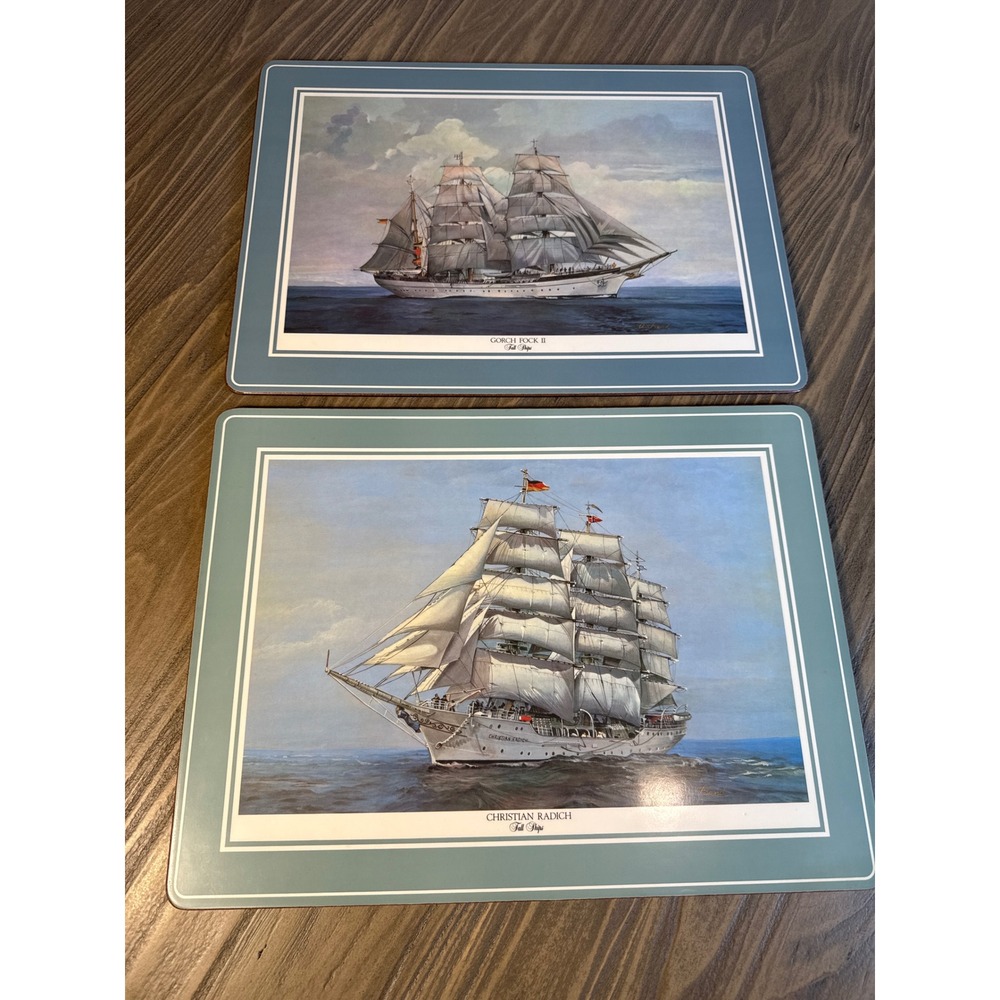 Vintage Pimpernel Placemats Set of 4 Tall Ships Blue Green Nautical Cork - Picture 2 of 8